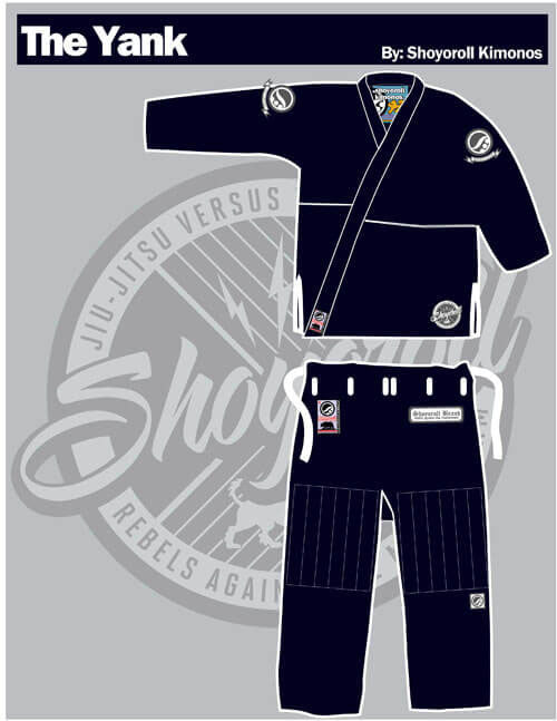 Shoyoroll Batch #8: The Yank, a navy blue Jiu-Jitsu gi featuring a lightweight 450 GSM pearl weave jacket and 12 oz ripstop cotton pants, part of the East vs. West series inspired by baseball legend 'The Great Bambino.' Includes contrast stitching, a foam collar, stretchy drawstring, ID/iPod pocket, and custom inner taping.