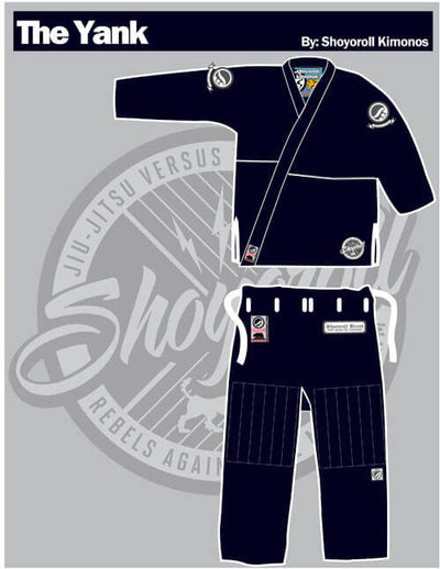 Shoyoroll Batch #8: The Yank, a navy blue Jiu-Jitsu gi featuring a lightweight 450 GSM pearl weave jacket and 12 oz ripstop cotton pants, part of the East vs. West series inspired by baseball legend 'The Great Bambino.' Includes contrast stitching, a foam collar, stretchy drawstring, ID/iPod pocket, and custom inner taping.