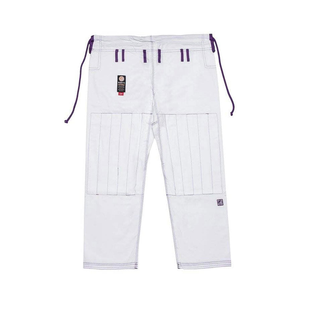 Shoyoroll Batch #8 White Mamba Gi, featuring a lightweight 450 GSM pearl weave jacket and 12 oz ripstop pants. Designed by artist John Smalls, this gi showcases a white base with purple trim. Released as part of the East vs. West Series on December 22, 2010, at 3:00 PM PST.
