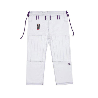 Shoyoroll Batch #8 White Mamba Gi, featuring a lightweight 450 GSM pearl weave jacket and 12 oz ripstop pants. Designed by artist John Smalls, this gi showcases a white base with purple trim. Released as part of the East vs. West Series on December 22, 2010, at 3:00 PM PST.