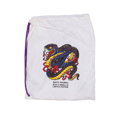 Shoyoroll Batch #8 White Mamba Gi, featuring a lightweight 450 GSM pearl weave jacket and 12 oz ripstop pants. Designed by artist John Smalls, this gi showcases a white base with purple trim. Released as part of the East vs. West Series on December 22, 2010, at 3:00 PM PST.