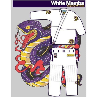 Shoyoroll Batch #8 White Mamba Gi, featuring a lightweight 450 GSM pearl weave jacket and 12 oz ripstop pants. Designed by artist John Smalls, this gi showcases a white base with purple trim. Released as part of the East vs. West Series on December 22, 2010, at 3:00 PM PST.