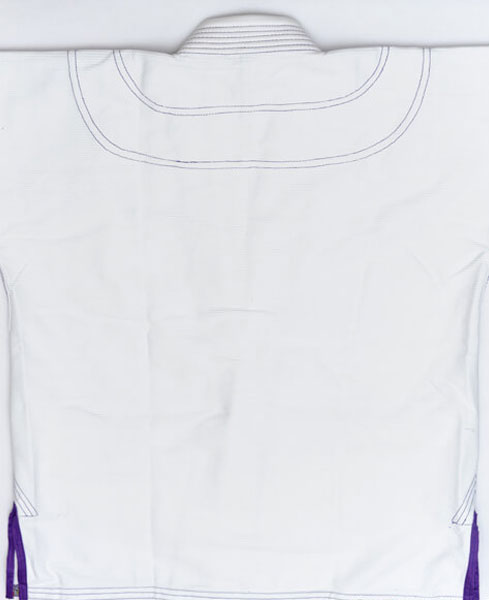 Shoyoroll Batch #8 White Mamba Gi, featuring a lightweight 450 GSM pearl weave jacket and 12 oz ripstop pants. Designed by artist John Smalls, this gi showcases a white base with purple trim. Released as part of the East vs. West Series on December 22, 2010, at 3:00 PM PST.