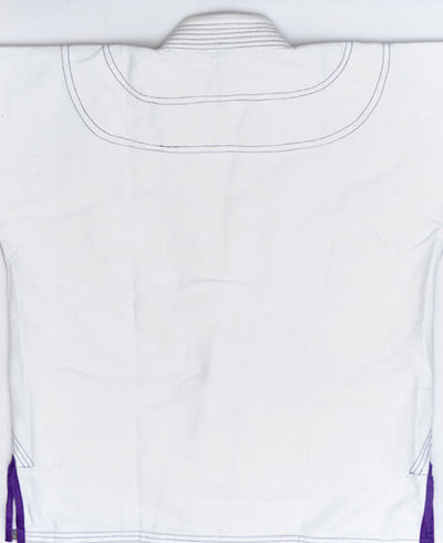 Shoyoroll Batch #8 White Mamba Gi, featuring a lightweight 450 GSM pearl weave jacket and 12 oz ripstop pants. Designed by artist John Smalls, this gi showcases a white base with purple trim. Released as part of the East vs. West Series on December 22, 2010, at 3:00 PM PST.